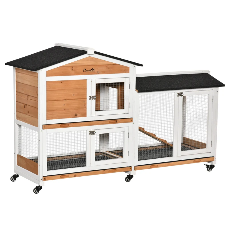 Clapier extérieur pour lapins 157.4 x 53 x 99.5 cm nettoyage facile à roulettes toit imperméable rustique en bois jaune 21_0007943