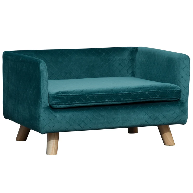 Canapé lit pour chien petit 64 x 45 x 36 cm coussin moelleux grand confort scandinave design en velours bleu canard 21_0007348