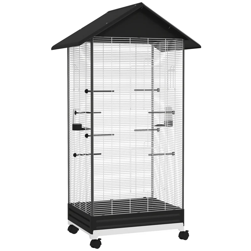 Cage à oiseaux sur pied intérieure 79 x 65 x 155 cm mobilité sur roulettes nettoyage facile contemporain en acier noir 21_0007592