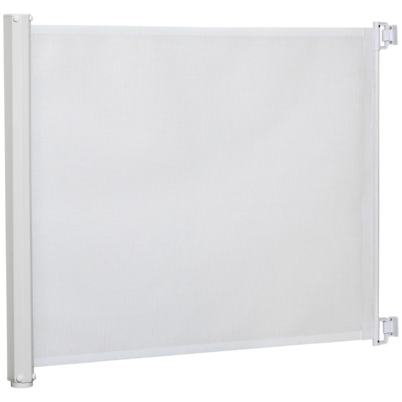 Barrière de sécurité rétractable pour chien escaliers 115 x 83 x 5 cm gain de place moderne épuré en textilène blanc 21_0007386