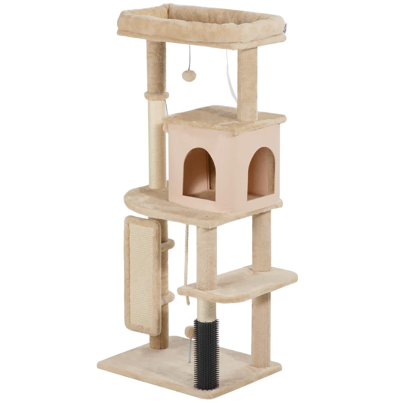 Arbre à chat tour de jeux 55 x 44 x 132 cm avec lit maison griffoirs scandinave épuré en panneau de particules beige 21_0007723