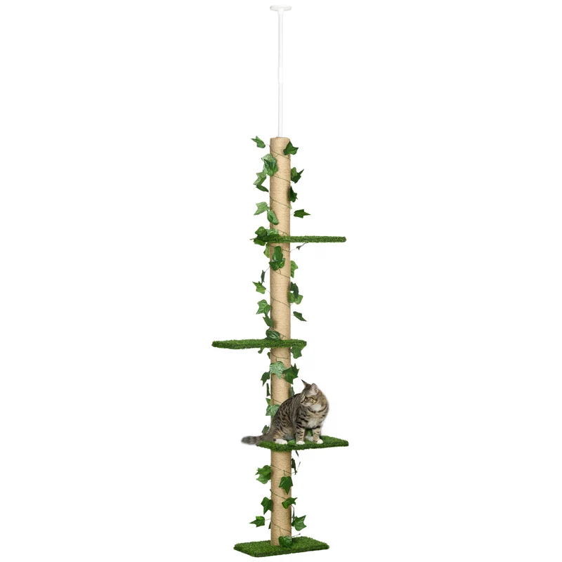 Arbre à chat poteau à griffer fixation plafond 37 x 21 x 202-242 cm réglable stable design en panneau de particules vert 21_0007684