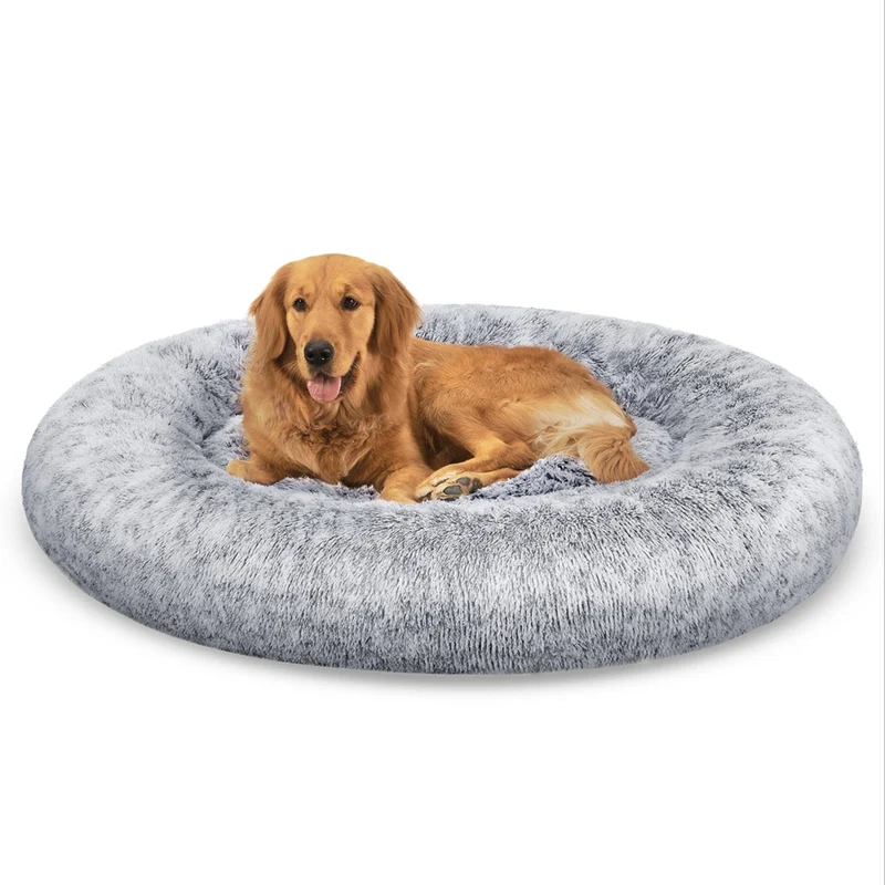 Panier pour chien lit ronde en forme de beignet canapé coussin central amovible et lavable tissu peluche doux 100 cm gris clair 12_0006848