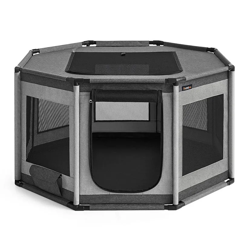 Parc pour chien en tissu oxford clôture octogonale enclos 112,5 x 112,5 x 62 cm cadre en tube pvc filet respirant pochette de rangement gris 12_0006905
