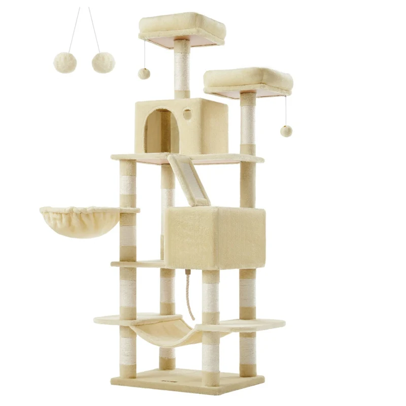 Arbre à chat grande tour de jeux hauteur 168 cm avec 13 griffoirs 1 planche à griffer 2 plate-forme 2 niches panier hamac pompons tissu peluche multi-niveaux beige 12_0003841