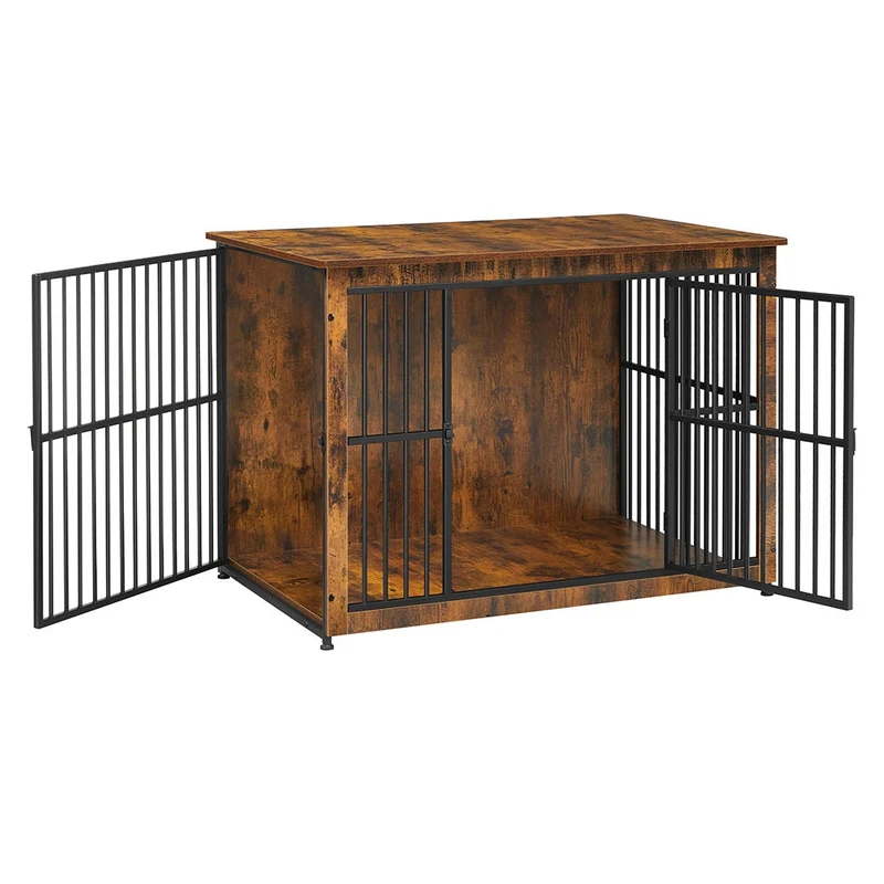 Meuble cage pour chien table d’appoint niche moderne pour chiens jusqu’à 37 kg cage solide pour chien avec fond plein maison de chien à double porte marron rustique 12_0006379