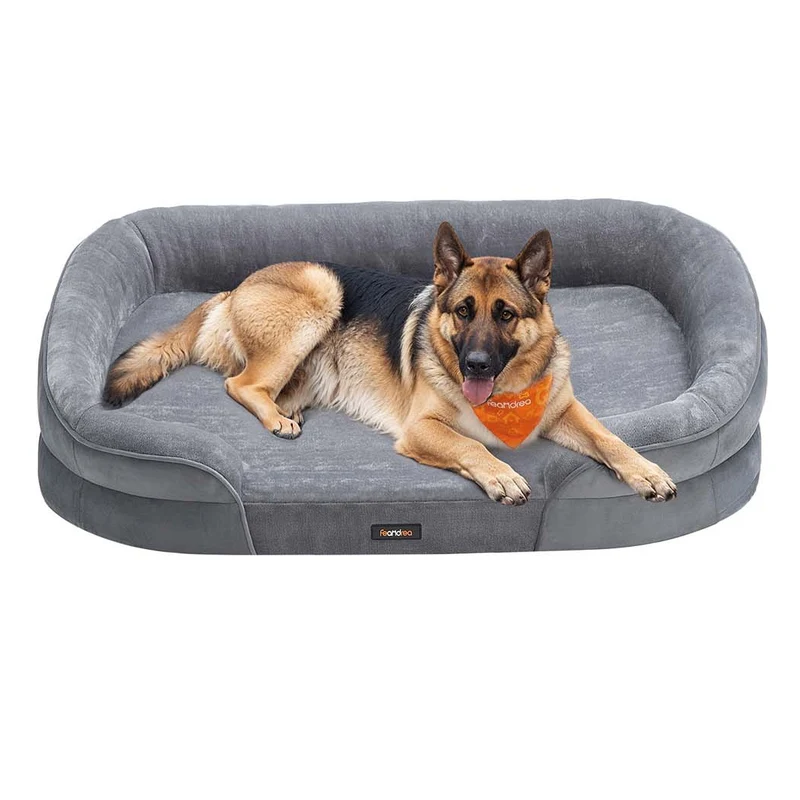 Panier pour chien de taille grande 91 x 68 x 18 cm orthopédique mousse alvéolée doublure hydrofuge bords surélevés housse amovible et lavable antidérapant gris clair 12_0006809