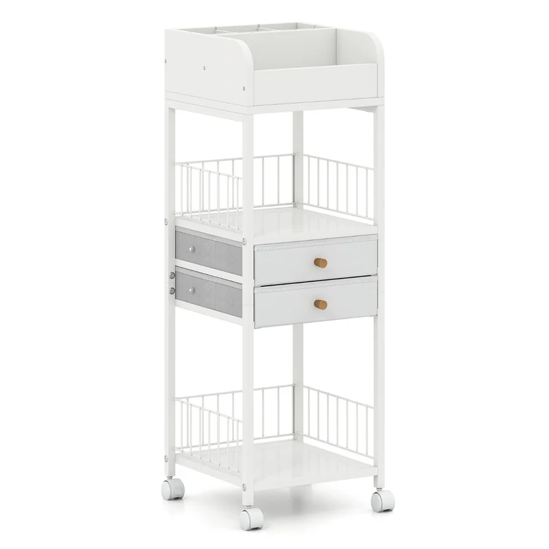 Organisateur de maquillage chariot de rangement 30 x 30 x 90 cm 2 tiroirs coulissants roues verrouillables style moderne en métal blanc 20_0012932