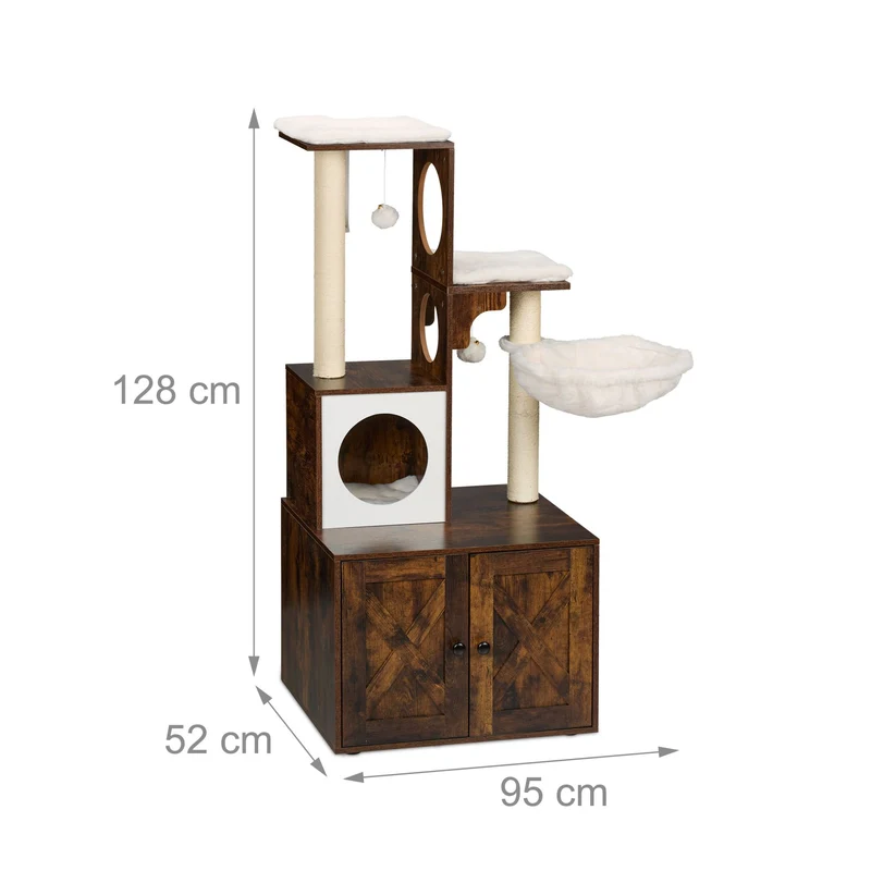 Arbre à chat moderne avec armoire multifonction 128 x 95 x 52 cm confort optimal design industriel en MDF marron 13_0016045