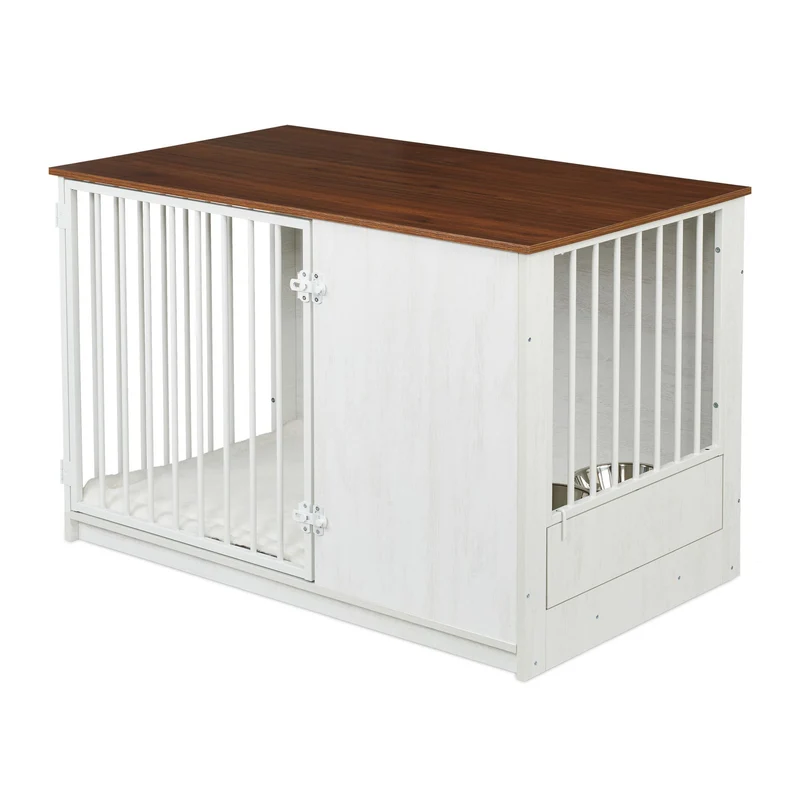 Cage pour chien avec 2 gamelles pivotantes salon couloir 65,5 x 102 x 60 cm design rustique en MDF marron 13_0017157