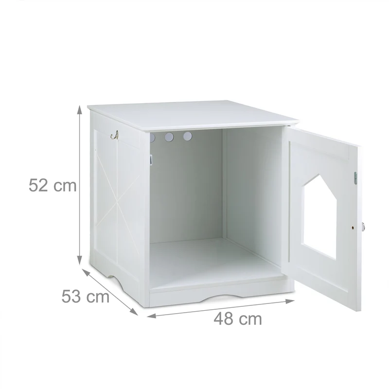 Armoire à chat moderne avec chatière 60 x 40 x 50 cm cachette décorative pour litière ancienne ambiance cosy en bois blanc 13_0011722