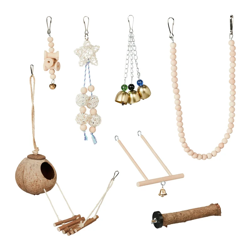 Lot de 7 jouets pour oiseaux accessoires de cage balançoire cloches nid d'oiseau en bois naturel 13_0014077
