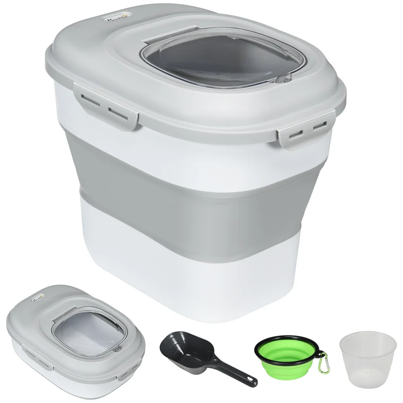 Conteneur à croquettes pliable rangement hermétique 44 x 32 x 37 cm capacité ajustable pour cuisine moderne en PP gris 21_0007544