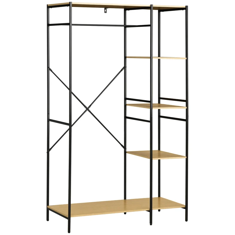 Portant à vêtements 100 x 46 x 170,5 cm avec tringle et 4 étagères gain de place industriel chic sécurisé en métal noir 21_0005782