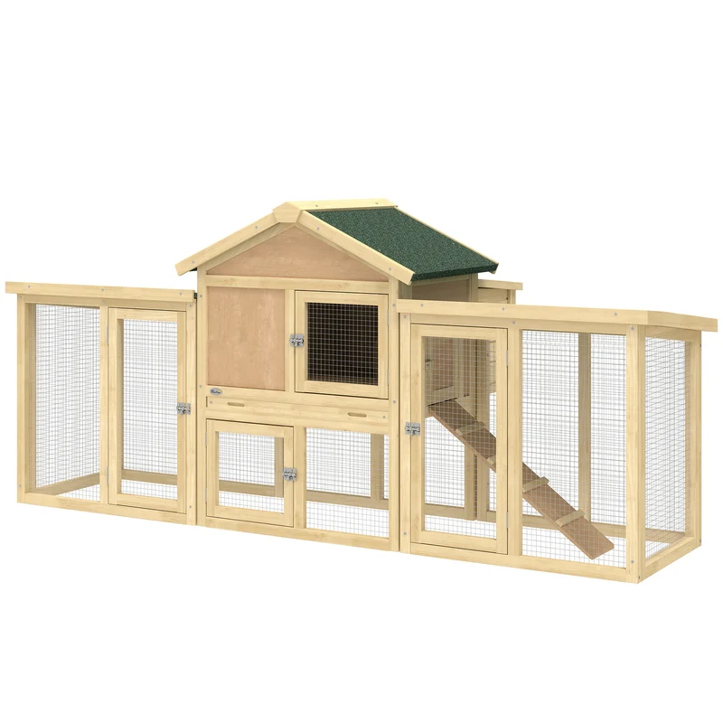Poulailler chalet 204 x 85 x 93 cm capacité 2 à 4 poules sécurisé double aire de jeu style rustique en bois naturel 21_0007859