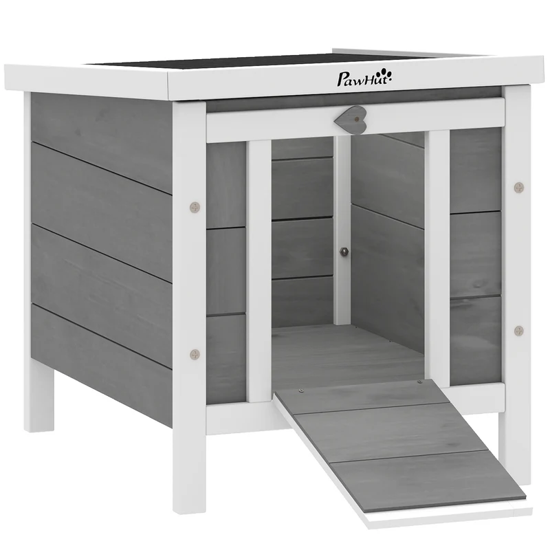 Clapier extérieur surélevé 51 x 42 x 43 cm rampe antidérapante toit étanche compact style rustique en bois de sapin gris 21_0007895