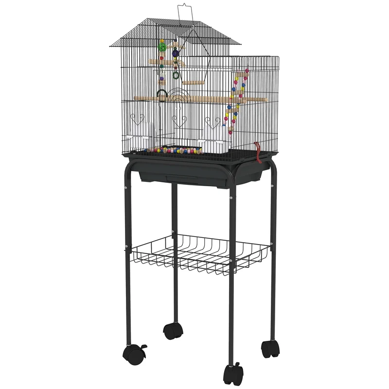 Cage à oiseaux sur roulettes 46 x 36 x 120 cm plateau coulissant perchoirs inclus moderne contemporain en acier noir 21_0007579