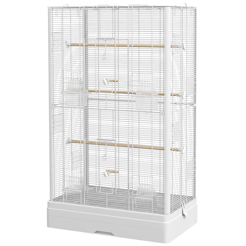 Cage à oiseaux volière pour oiseaux 61 x 36.5 x 98 cm accès facile 5 perchoirs 4 récipients scandinave en acier blanc 21_0007586