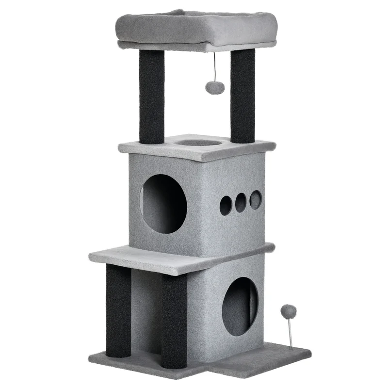 Arbre à chat 48 x 48 x 100 cm niches plateformes lit griffoir 3 niveaux stable design en panneaux de particules gris 21_0007668