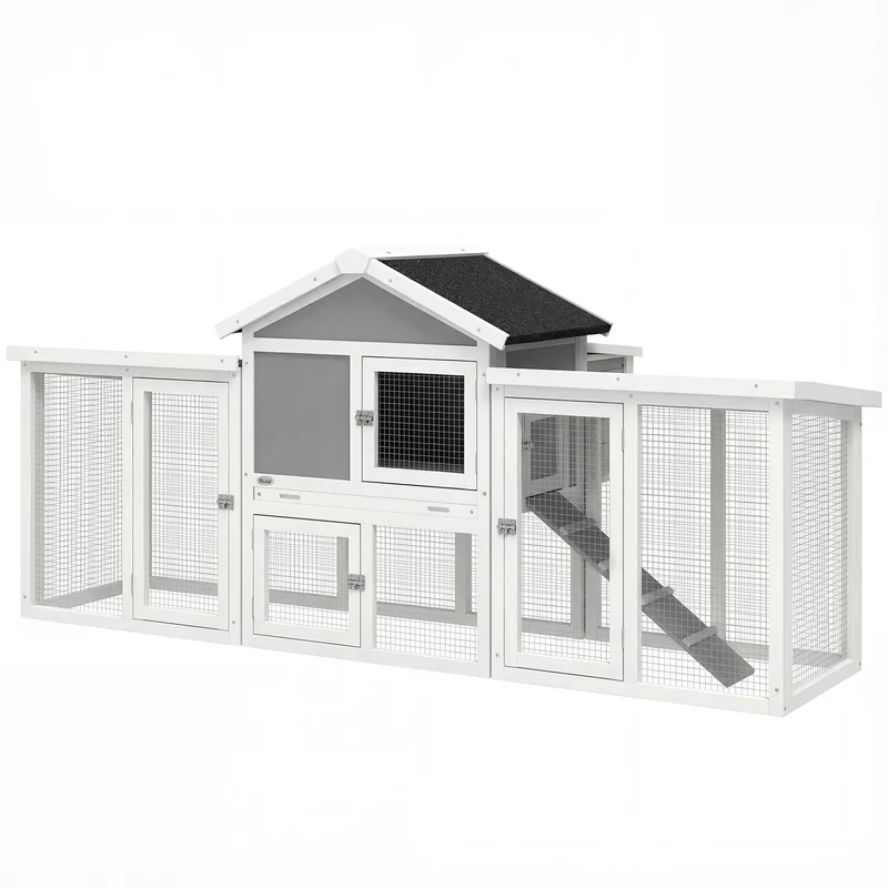 Poulailler clapier chalet pour poules lapins 204 x 85 x 93 cm sécurisé ventilé avec nichoir rustique en bois massif gris 21_0007858