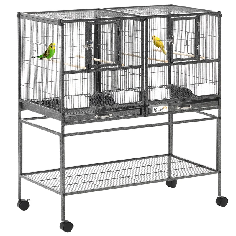 Cage à oiseaux sur pied double 95 x 45,5 x 102 cm séparation amovible et plateau coulissant industriel en métal noir 21_0007563