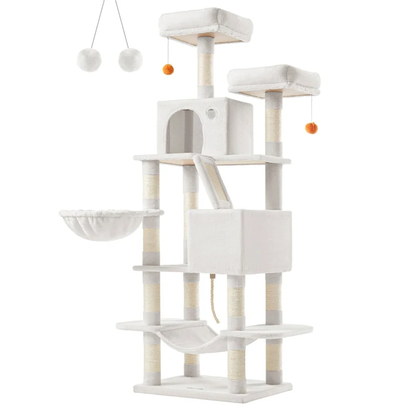 Arbre à chat grande tour de jeux hauteur 168 cm avec 13 griffoirs 1 planche à griffer 2 plate-forme 2 niches panier hamac pompons tissu peluche multi-niveaux blanc 12_0003842
