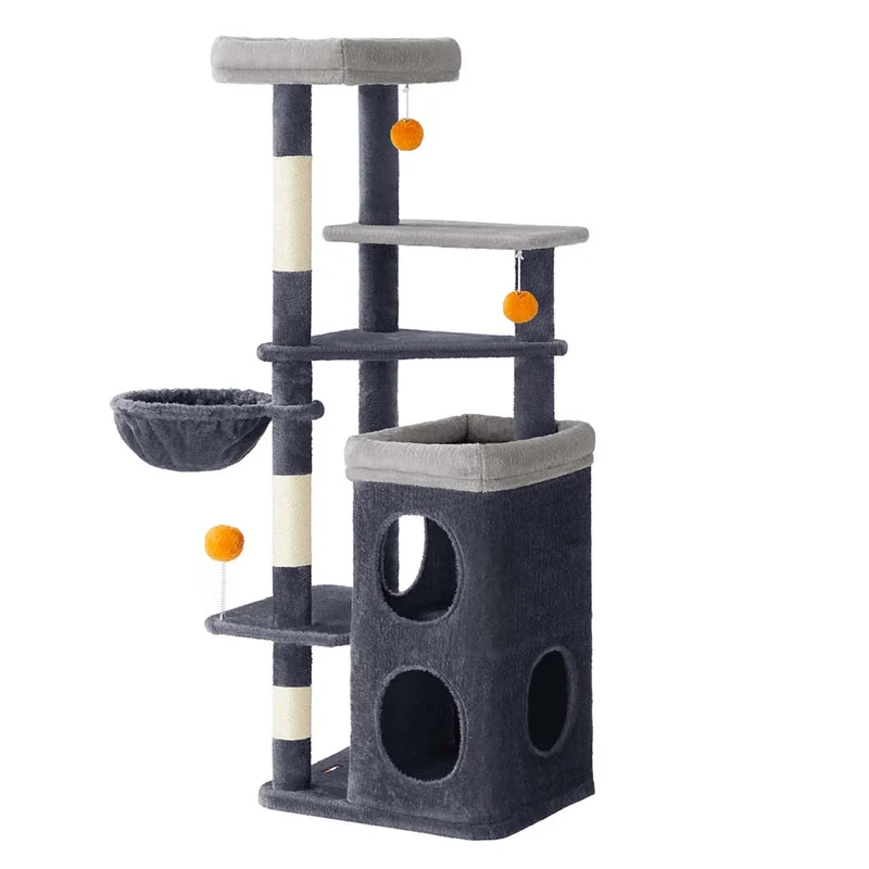 Arbre à chat 152 cm de haut tour de jeux pour chat à plusieurs niveaux avec 2 grandes niches 1 hamac 3 poteaux à griffer 3 plateformes gris 12_0007974