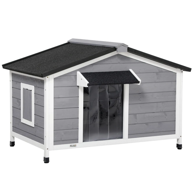 Niche pour chien sur pied style cottage 109 x 79 x 72 cm toit ouvrant étanche plancher amovible rustique en bois gris 21_0007299
