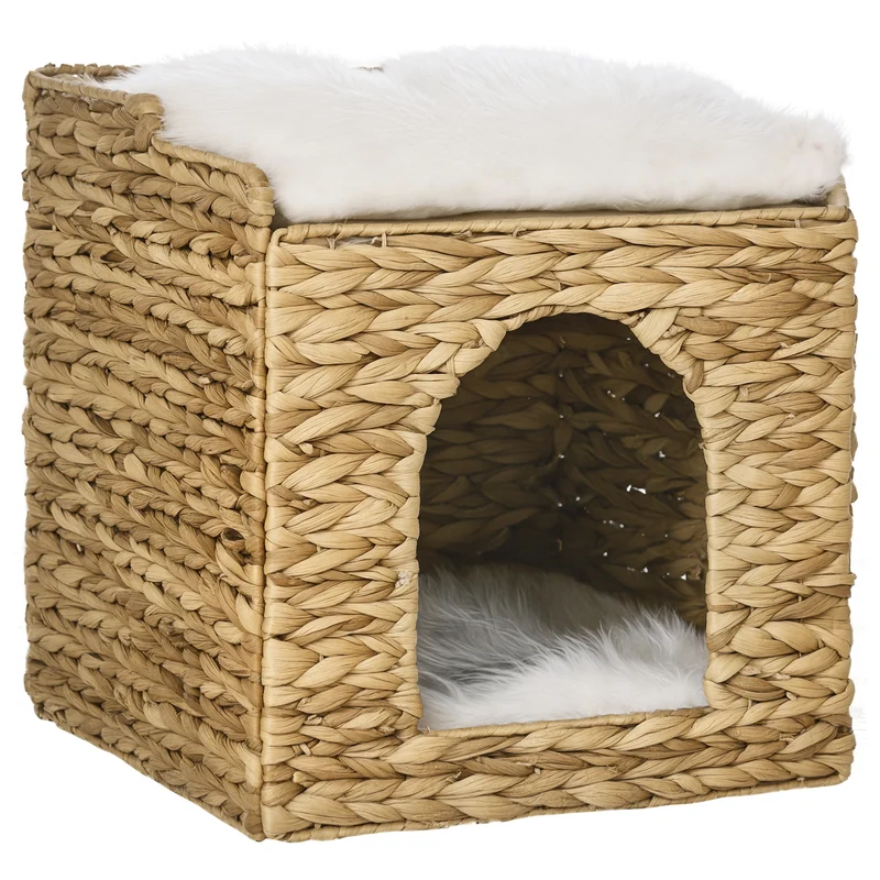 Niche pour chat 2 niveaux avec 2 coussins porte ronde 37,5 x 37,5 x 41,5 cm douillet scandinave en jacinthe d'eau marron 21_0007695