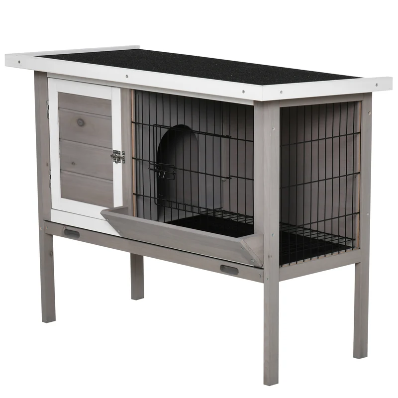 Clapier pour lapin surélevé extérieur 91 x 46 x 71 cm avec plateau amovible porte verrouillable rustique en bois gris 21_0007940
