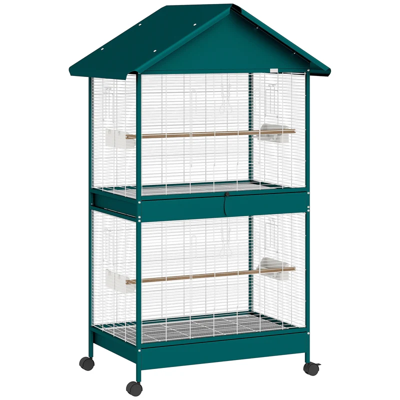 Cage à oiseaux sur roulettes 94 x 70 x 158 cm cloison amovible nettoyage facile moderne industriel en acier vert foncé 21_0007596