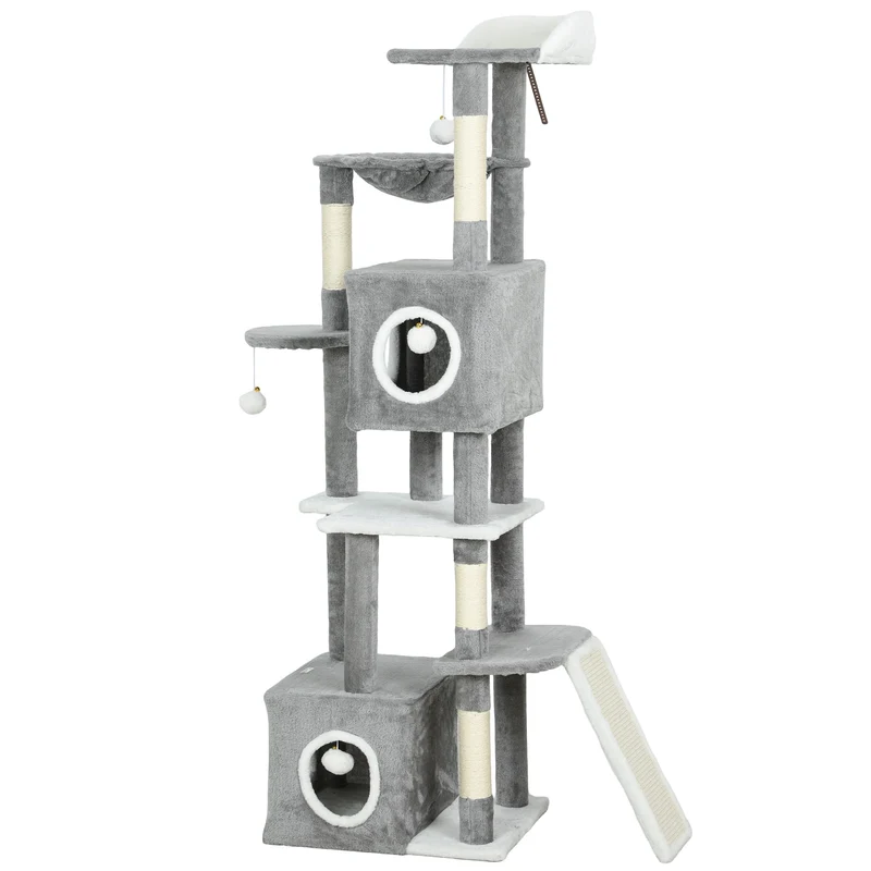 Arbre à chat tour de jeux 48 x 40 x 165 cm base anti basculement niches spacieuses moderne en panneau de particules gris 21_0007737