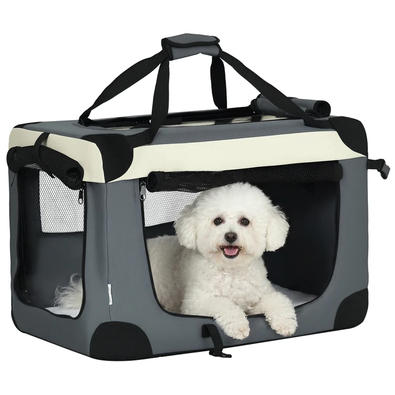 Sac de transport pliable pour petit chien 60 x 41 x 41 cm ouverture zippée coussin amovible épuré en polyester gris 21_0007241