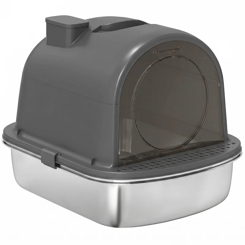 Maison de toilette pour chat fermée 52 x 41 x 40 cm anti-odeurs poignée pratique épuré en acier inoxydable gris foncé 21_0007805