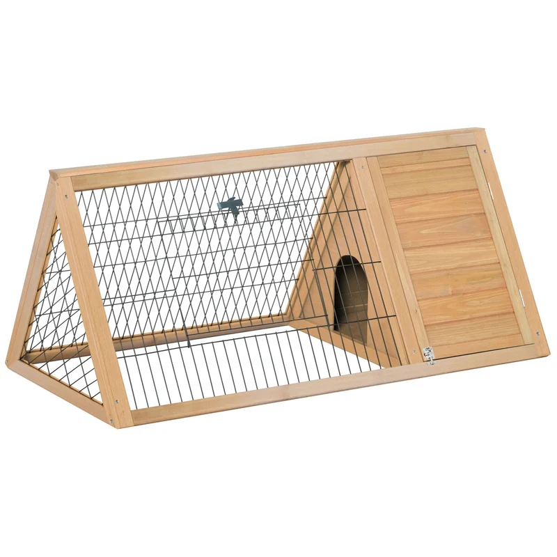 Clapier triangulaire de sol avec enclos et niche 116 x 62,2 x 52,5 cm double porte aération contemporain en bois naturel 21_0007610