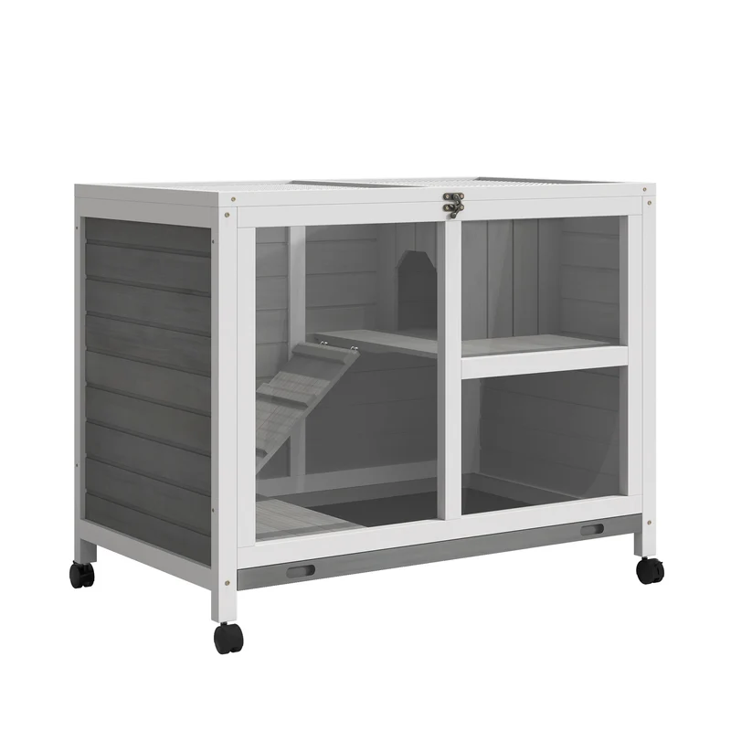 Clapier 2 étages pour rongeurs 91,5 x 53,3 x 73 cm facile à nettoyer roulettes style rustique en bois de sapin gris 21_0007890