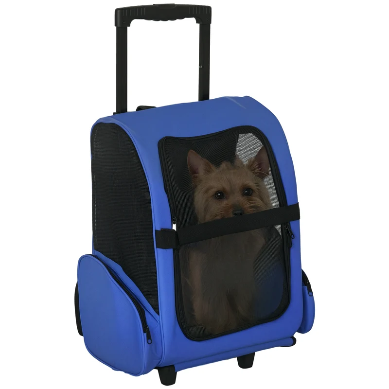 Sac transport 2 en 1 chariot sac à dos pour chien chat 42 x 25 x 55 cm roulettes moderne minimaliste en oxford bleu 21_0007554