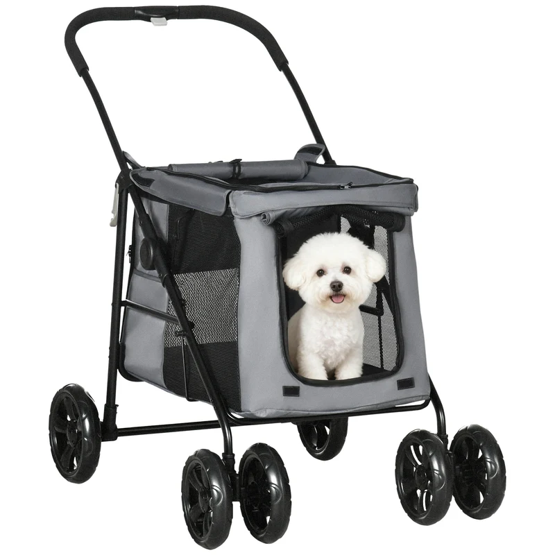Poussette pour chien et chat 102 x 62 x 105 cm pliable avec frein usage extérieur moderne épuré en tissu oxford gris 21_0007242