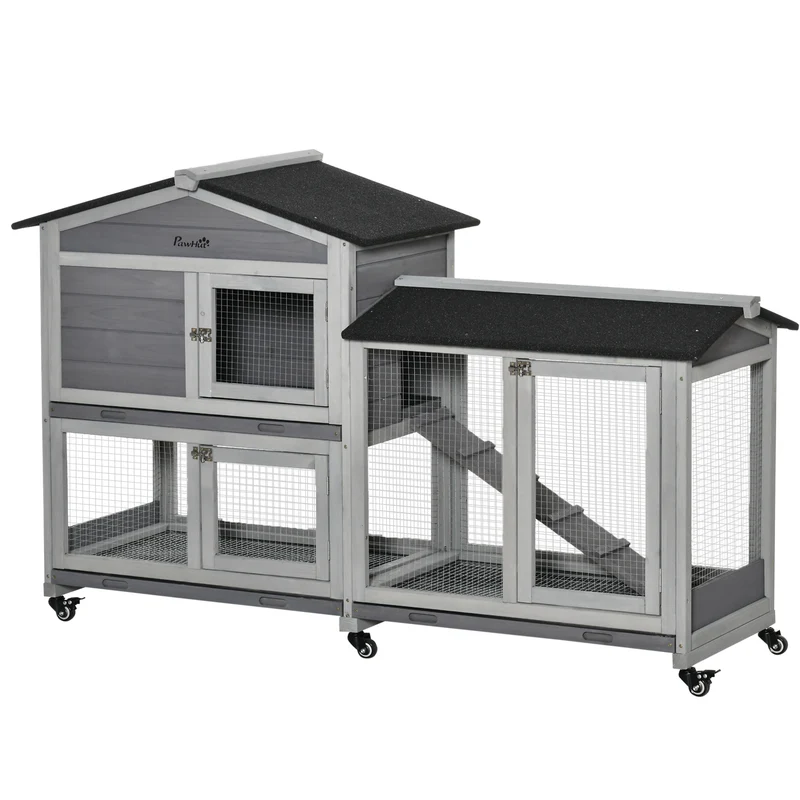 Clapier pour lapins extérieur 157.4 x 53 x 99.5 cm roulettes 3 plateaux coulissants entretien aisé rustique en bois gris 21_0007942