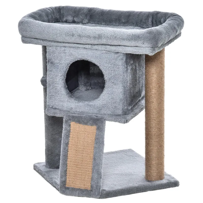 Arbre à chat à étages jeu et repos 40 x 40 x 57 cm niche privée tapis à griffer moderne scandinave en peluche gris clair 21_0007655