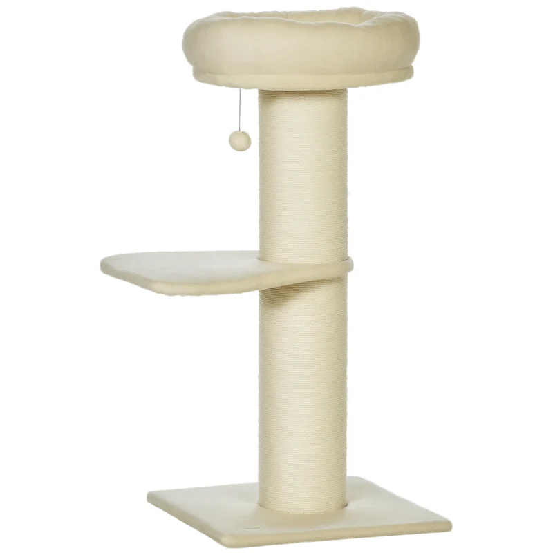 Arbre à chat salon chambre 48,5 x 48,5 x 105 cm griffoir sisal panier d'observation moderne épuré en peluche beige 21_0007689