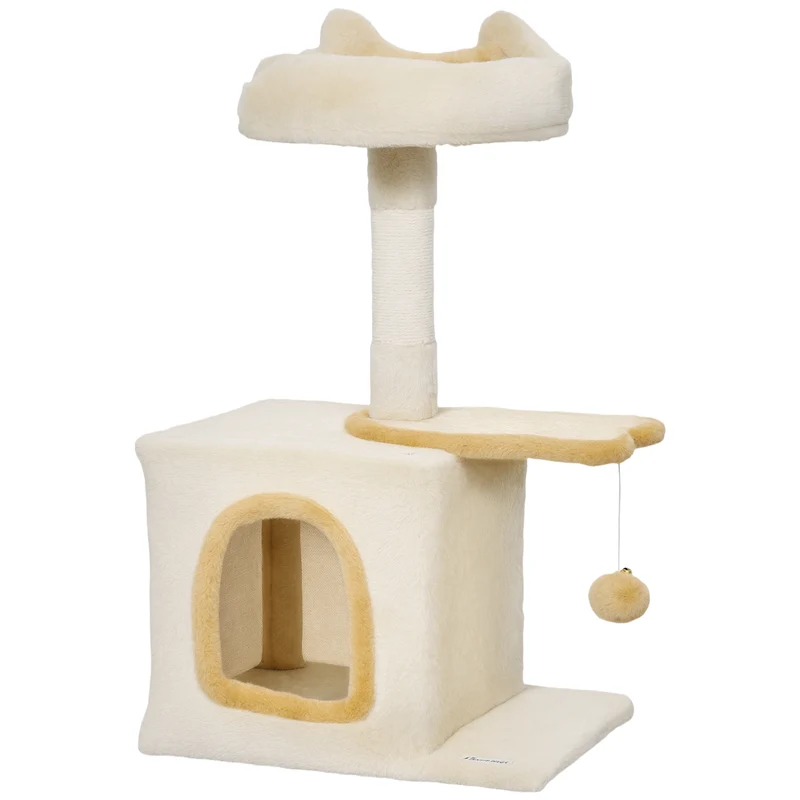 Arbre à chat perchoir et niche 40 x 30 x 72 cm grattoir protecteur nid douillet moderne ambiance cosy en peluche beige 21_0007739