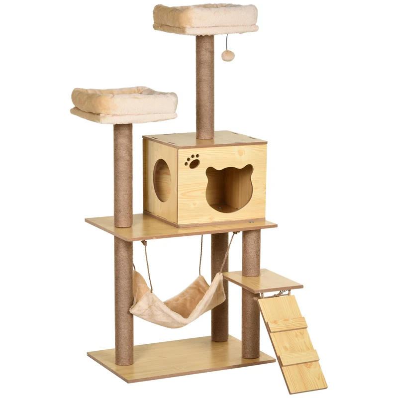 Arbre à chat multifonction 60 x 40 x 130 cm avec griffoirs sisal et hamac design cosy en panneaux de particules beige 21_0007644