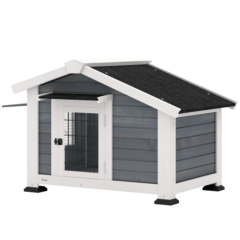Niche pour chien extérieur surélevée 98 x 76 x 69.5 cm fond amovible aération design élégant jardin montage en bois gris 21_0007315