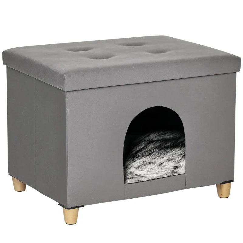 Maison pour chat surélevée nid 2 en 1 repose pieds 60 x 45 x 44.5 cm coussin amovible lavable design moderne en MDF gris 21_0007671