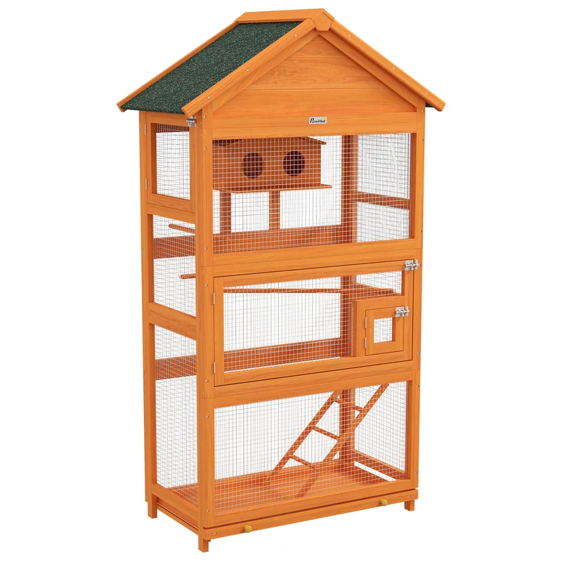 Cage à oiseaux sur pied 92 x 52 x 171 cm grand espace plateau coulissant style rustique extérieur en bois massif orange 21_0007588