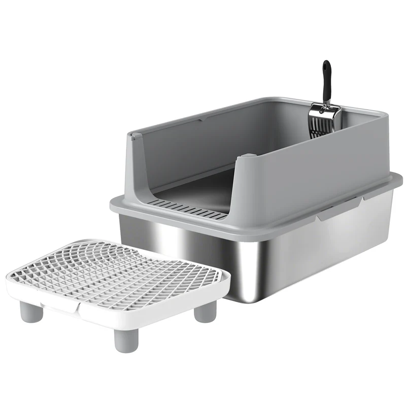 Bac à litière xl pour chats 60,2 x 40,2 x 29,6 cm parois hautes 14,5 cm pédale filtrante épuré en acier inoxydable gris 21_0007810