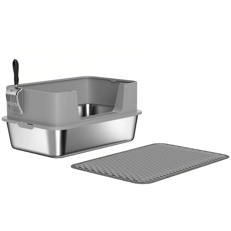 Bac à litière pour chat spacieux 60 x 40 x 30 cm nettoyage facile anti odeurs moderne épuré en acier inoxydable gris 21_0007811