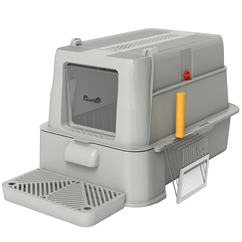 Bac à litière pour chat 63 x 43 x 43 cm grand 80 l tiroir coulissant design contemporain en acier inoxydable gris clair 21_0007813