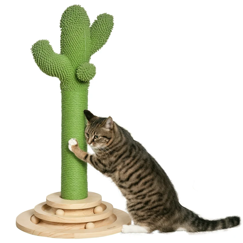 Arbre à chat griffoir forme de cactus 32 x 60 cm protège les meubles jeu interactif design contemporain en sisal vert 21_0007663